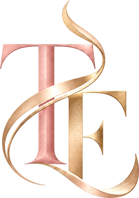 Tasteful Expectations catering logo, a rose T and a gold E wrapped in a gold ribbon